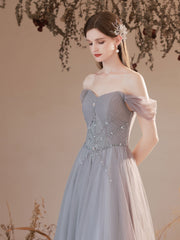 Grey Beaded Sweetheart Tulle A-line Off Shoulder Evening Dress, Grey Floor Length Prom Dress