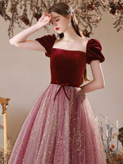 Burgundy A-Line Tulle Velvet Long Prom Dress, Burgundy Formal Evening Dress