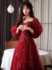 Wine Red Tulle Shiny Tulle Puffy Sleeves Prom Dress, Wine Red Long Party Dress