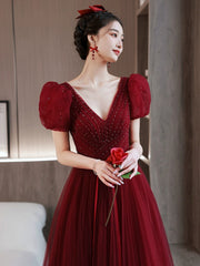 Wine Red Beaded Short Sleeves Tulle Party Dress, Wine Red A-line Long Prom Dress