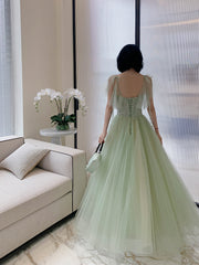 Light Green Tulle with Lace Short Sleeves Long Party Dress, A-line Tulle Evening Dress Prom Dress
