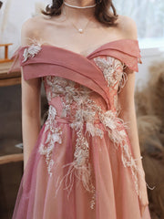 Gradient Pink Off Shoulder A-line with Flowers Prom Dress, Pink Long Formal Dress