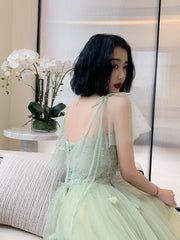 Light Green Tulle with Lace Short Sleeves Long Party Dress, A-line Tulle Evening Dress Prom Dress