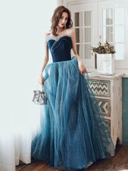 Aline Tulle Velvet Blue Long Prom Dress, Sweetheart Neck Blue Graduation Dress