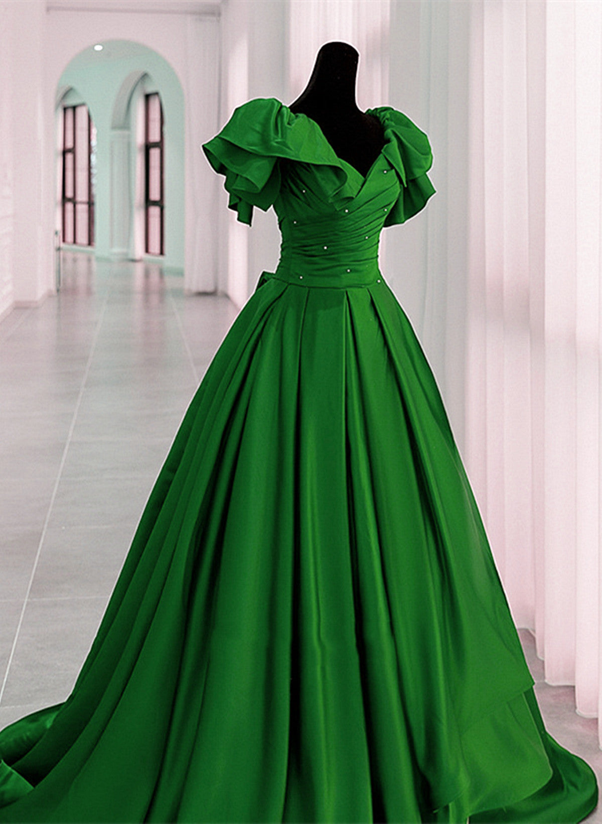 Green Satin Off Shoulder Long Party Dress, A-line Green Prom Dress Evening Dress