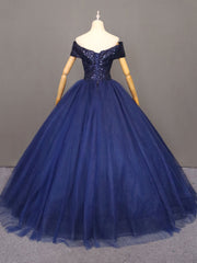 Glam Navy Blue Off Shoulder Beaded Tulle Formal Gown, Navy Blue Sweet 16 Dress