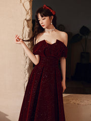 Wine Red Velvet Floor Length Party Dress, A-line Formal Dress Wine Red Prom Dress
