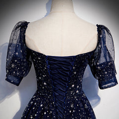 Navy Blue Short Sleeves Sweetheart Long Party Dress, A-line Blue Evening Gown