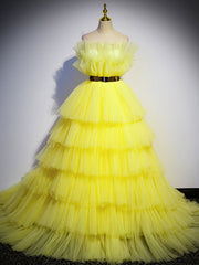 Yellow tulle long prom dress, yellow tulle formal dress