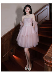 Pink tulle off shoulder short prom dress pink evening dress