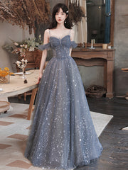 Lovely Off Shoulder Beaded Tulle Prom Dress Party Dress, Beaded A-line Evening Dresses