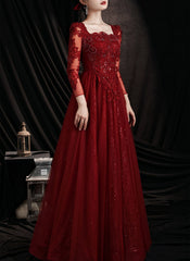 Wine Red Lace Long Sleeves Low Back Tulle Prom Dress, Wine Red Beaded Party Dress