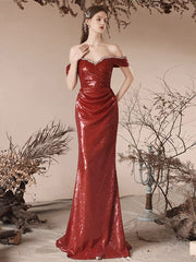 Simple Off Shoulder Sequin Mermaid Burgundy Long Prom Dress, Sequin Long Evening Dress