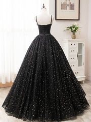 Black A-Line Tulle Long Prom Dress, Black Formal Evening Dresses