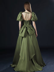 Green Satin Long Party Dress with Short Sleeves, Green A-line Low Back Prom Dress