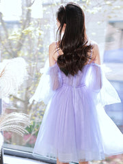 Purple sweetheart neck tulle short prom dress purple homecoming dress