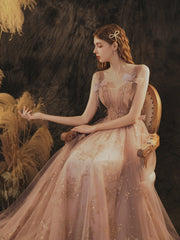 Dark Pink Straps Tulle Long Lace Prom Dress, A-line Pink Formal Dress