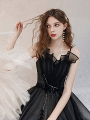 Black A-Line Tulle Long Prom Dress, Black Formal Evening Dresses