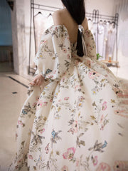 Unique sweetheart neck puff sleeves long prom dress printing evening dress