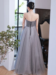 Gray A line tulle long prom dress gray tulle formal dress