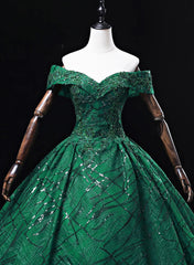 Green Ball Gown Off Shoulder Tulle Party Dress, Green Lace Sweet 16 Dress