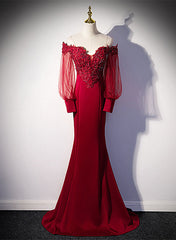 Burgundy Mermaid Long Sleeves Spandex with Lace Prom Dress, Burgundy Wedding Party Dress