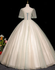Lovely Green and Champagne Ball Gown Long Party Dress, Short Sleeves Sweet 16 Dress