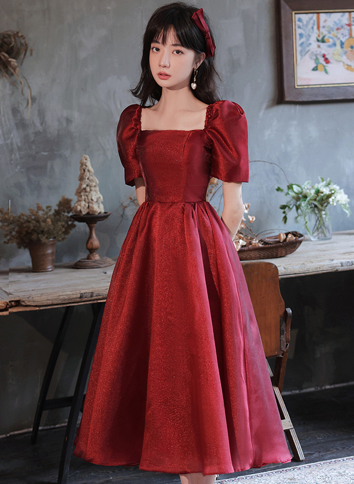 Lovely Wine Red Short Sleeves Organza Party Dress, A-line Wine Red Prom Dress