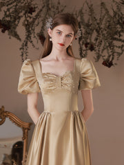 Simple Satin Tea Length Champagne Prom Dress, Satin Evening Dresses