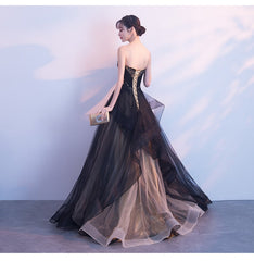 Beautiful Black and Champagne Tulle Sweethart Party Dress, Black Gown