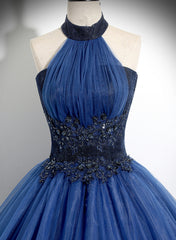 Blue High Neckline Ball Gown Formal Dress, Blue Tulle Sweet 16 Dress Party Dress