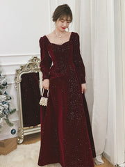 Wine Red Velvet Long Sleeves A-line Party Dress, Wine Red Long Formal Dress
