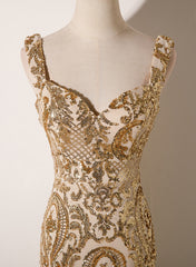 Champagne Mermaid Straps Long Evening Dress, Champagne Sequins Prom Dress