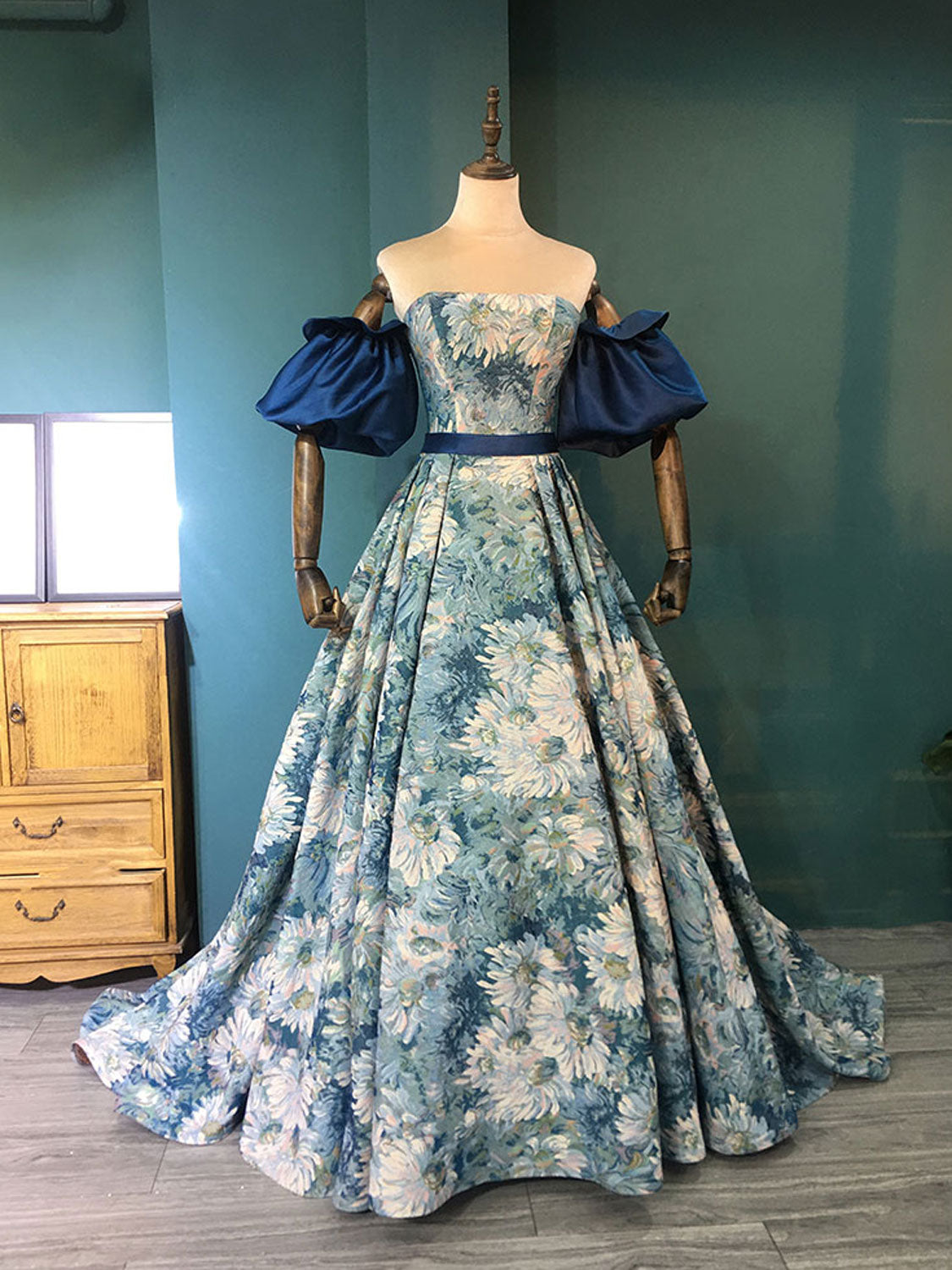 Blue A line satin long prom dress blue long evening dress