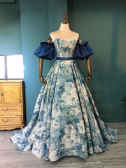 Blue A line satin long prom dress blue long evening dress