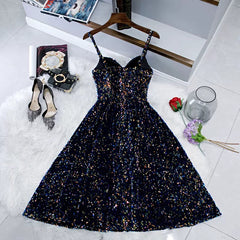 Navy Blue Sequin Hoco Dress Short Homecoming Dresses SH138
