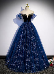 Navy Blue Tulle Off Shoulder Beaded Long Party Dress, Navy Blue Tulle Prom Dress