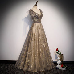 Lovely Champagne V-neckline Tulle Long Prom Dress Party Dress, Formal Gown