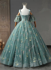 Green Floral Off Shoulder Scoop Long Formal Dress, Floral Prom Dress