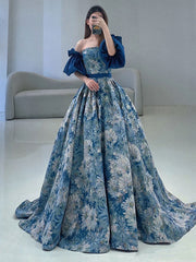 Blue A line satin long prom dress blue long evening dress
