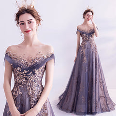 Shiny Purple Tulle Off Shoulder Party Dress with Lace, Long Purple Party Dresses