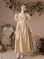 Simple Satin Tea Length Champagne Prom Dress, Satin Evening Dresses