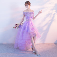 Cute High Low Lavender Tulle Party Dress, Off the Shoulder Homecoming Dress