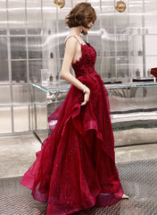 Wine Red Shiny Tulle Layers Straps Party Dress with Lace, V-neckline Prom Dress