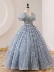 V Neck Tulle Sequin Gray Blue Long Prom Dress, Gray Blue Formal Sweet 16 Dress