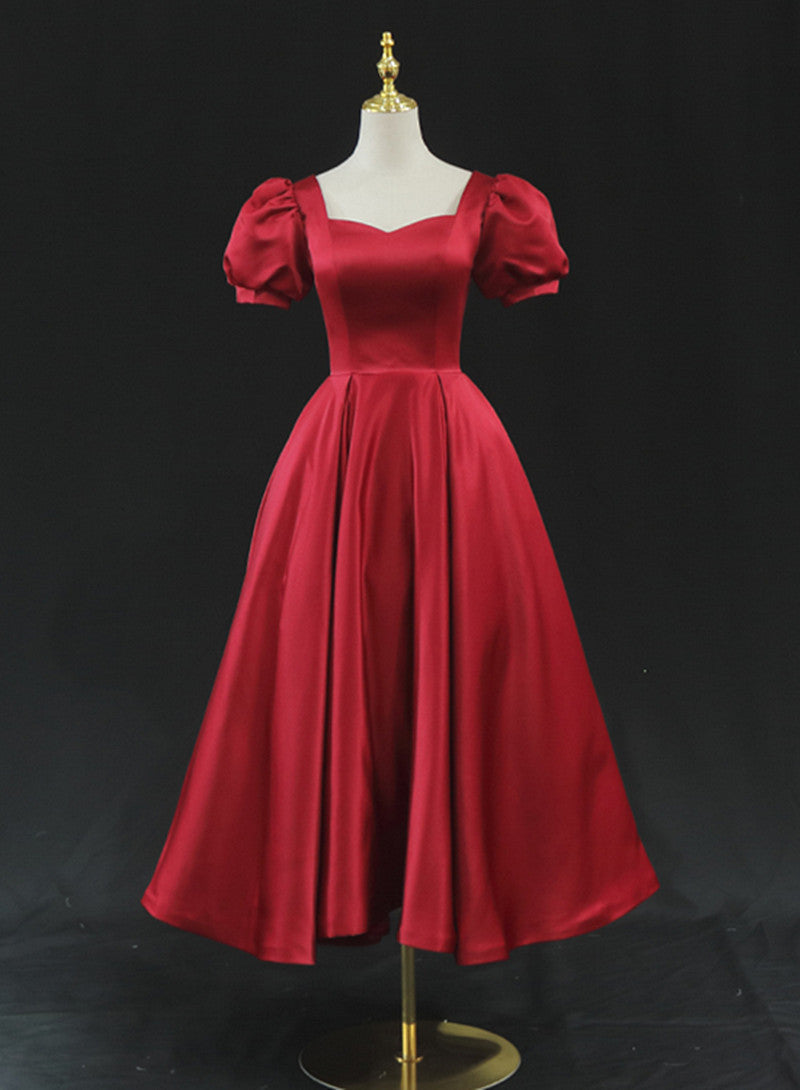 Wine Red Satin Bridesmaid Dress Party Dress, Tea Length Prom Dresses