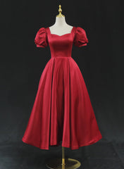 Wine Red Satin Bridesmaid Dress Party Dress, Tea Length Prom Dresses
