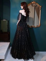 Black Off Shoulder Tulle Long Prom Dress, A-line Black Shiny Tulle Formal Dress
