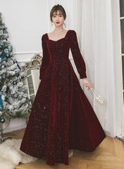 Wine Red Velvet Long Sleeves A-line Party Dress, Wine Red Long Formal Dress