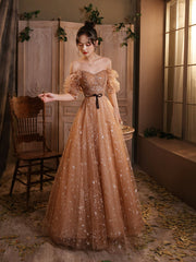 Cute Champagne Long Tulle Sweetheart Party Dress, A-line Long Prom Dress
